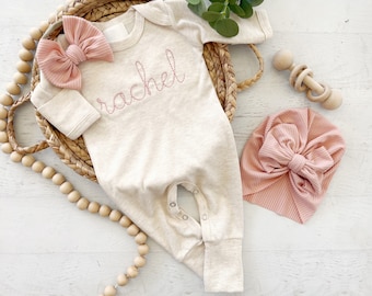 Personalized oatmeal and blush vintage stitch girl romper with bow or turban, custom girl coming home outfit, baby shower gift