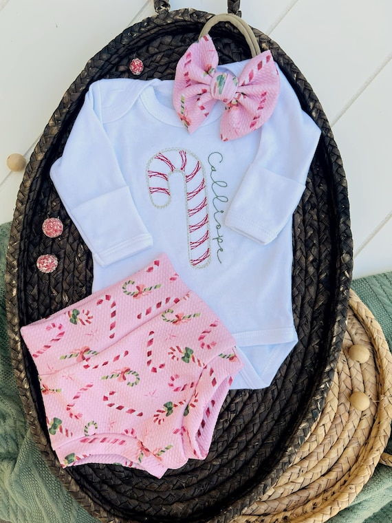 Personalized Christmas newborn outfit for girl, newborn Christmas outfit, Candy Cane Christmas, red stripes