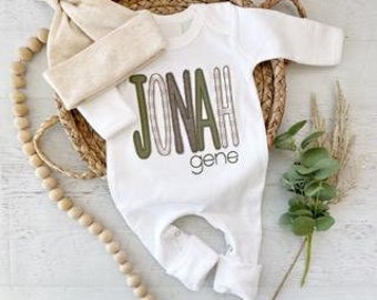 Personalized baby boy romper and bow set, custom coming home outfit for boy, baby shower gift, green brown and sage, cottagecore baby outfit