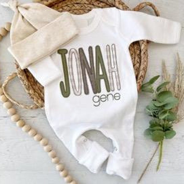 Personalized baby boy romper and bow set, custom coming home outfit for boy, baby shower gift, green brown and sage, cottagecore baby outfit