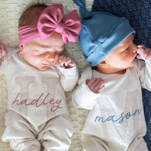 Tenues de retour à la maison pour jumeaux, barboteuse à pattes d'avoine, rose, bleu, tenue pour bébé jumeau garçon fille