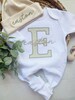 Personalized neutral baby romper and hat set, custom infant boy coming home outfit, baby shower gift, sleeper with footies, green stripes 