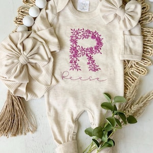 Personalized Baby Girl Coming Home Outfit Floral Pink Baby Name Romper, Custom Name Hospital Outfit, Special baby shower gift girl