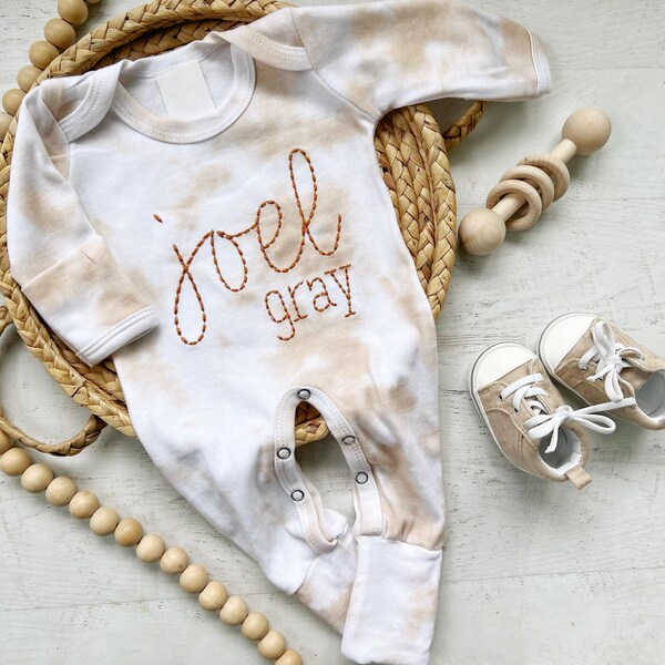 Personalized beige tan vintage stitch romper custom gender neutral coming home outfit baby boy shower gift custom name baby outfit