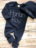 Personalized navy baby romper and hat set, custom infant boy coming home outfit, baby shower gift, navy sleeper with footies, simple stitch 