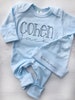 Personalized baby blue romper, custom baby coming home outfit, baby shower gift, boy sleeper with footies, light blue vintage stitch, simple 