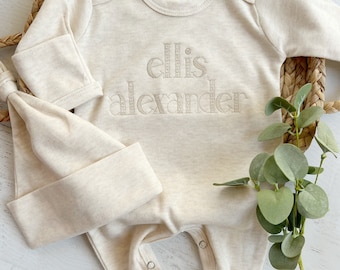 Personalized oatmeal baby romper and hat set, custom coming home outfit, sketch stitch boys outfit, baby shower gift, neutral