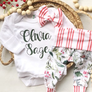 Holly Christmas newborn outfit for girl, newborn Christmas outfit, cottagecore Christmas, natural Christmas, pants and bow, red stripes