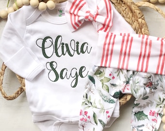 Conjunto navideño para niña recién nacida, conjunto navideño para recién nacida, bastón de caramelo navideño, Navidad natural, pantalón y lazo, rayas rojas