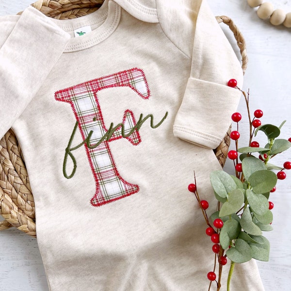 Personalized Christmas baby gown and hat set, Christmas plaid, custom coming home outfit, romper with footies, boy Christmas outfit