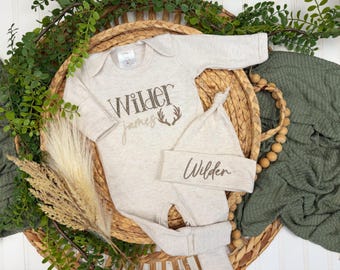 Personalized newborn coming home outfit for boy, deer hunting baby footie, antlers outfit
