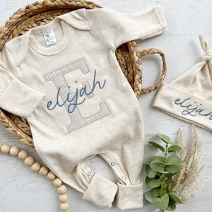 Personalized neutral baby romper and hat set, custom infant boy coming home outfit, baby shower gift, oatmeal sleeper with footies image 2
