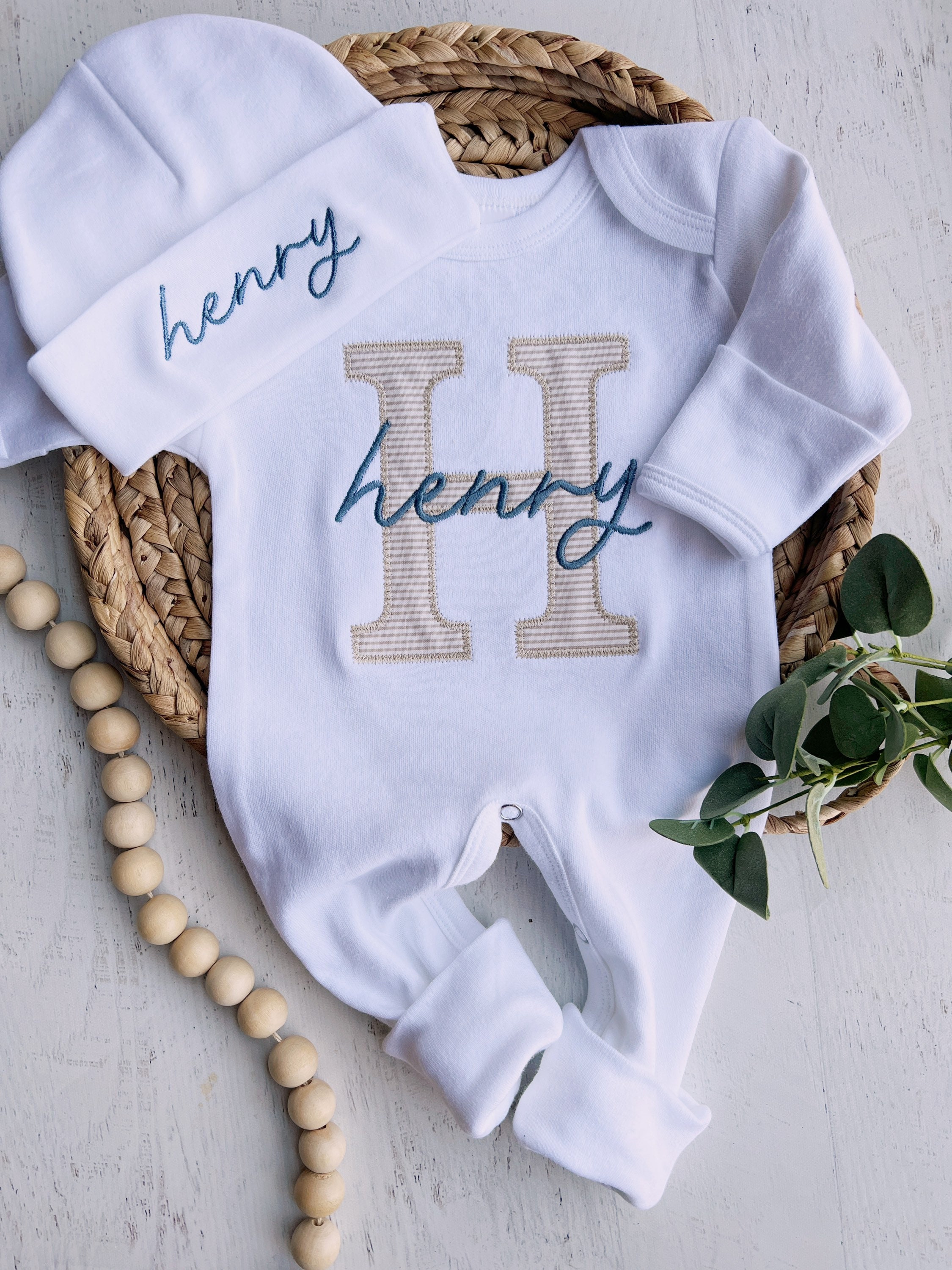 Personalized Neutral Baby Romper And Hat Set, Custom Infant Boy Coming Home Outfit