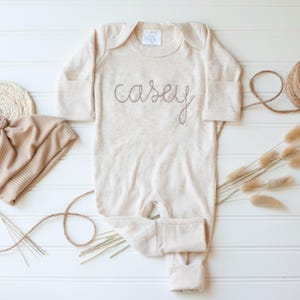 Personalized oatmeal and taupe vintage stitch romper with bow or hat, custom gender neutral coming home outfit, baby shower gift