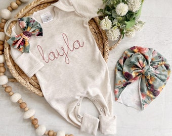 Personalized oatmeal and vintage mauve romper with bow or turban, custom girl coming home outfit, baby shower gift floral tropical