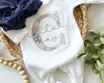 Personalized baby girl footie and hat set, custom name vintage floral infant coming home outfit, baby shower gift, romper with footies pink