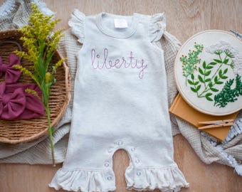 Personalized baby girl romper, vintage floral infant coming home outfit, baby shower gift, newborn outfit ruffle flutter, custom name
