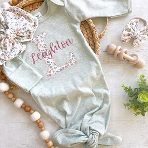 Personalized name Sage Green floral baby gown and turban, newborn coming home outfit, baby girl hospital outfit, muted tones baby gown