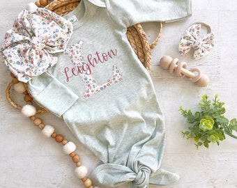 Personalized name Sage Green floral baby gown and turban, newborn coming home outfit, baby girl hospital outfit, muted tones baby gown