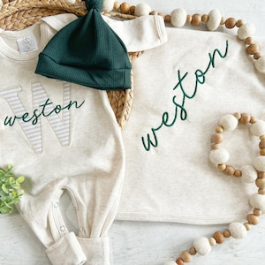 Personalized neutral baby romper and hat set, custom infant boy coming home outfit, baby shower gift, sleeper with footies Green Christmas image 7