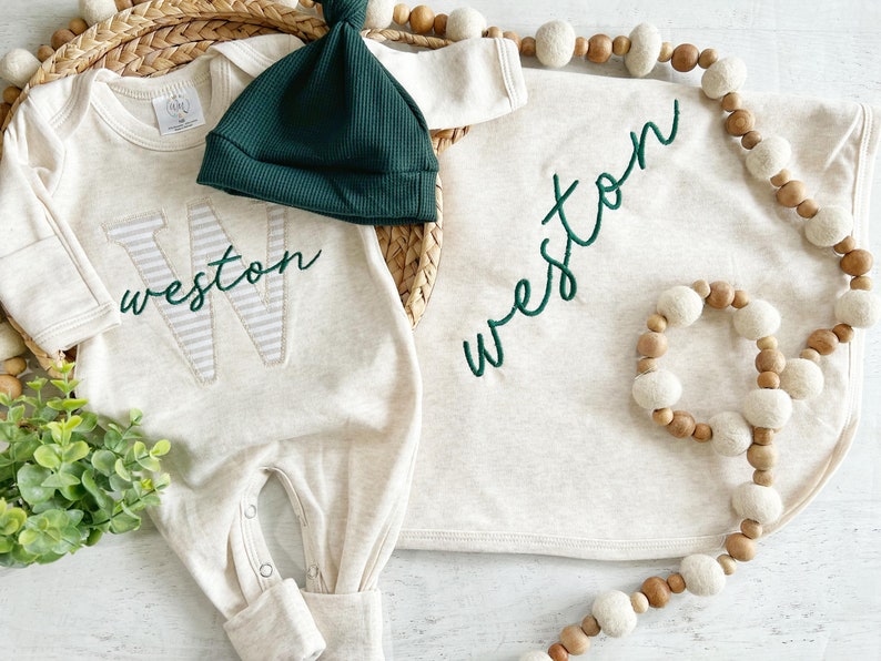 Personalized neutral baby romper and hat set, custom infant boy coming home outfit, baby shower gift, sleeper with footies Green Christmas image 7