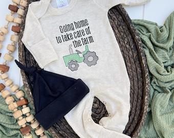 Going home to take care of the farm footie and hat set, farm baby coming home outfit