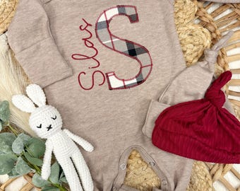 Custom baby romper with fold over footies, and red hat set, personalized coming home outfit, baby shower gift, Christmas outfit Country