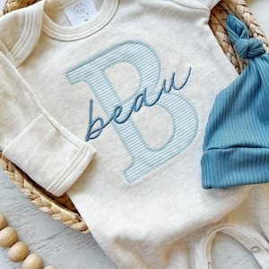 Personalized neutral baby romper and hat set, custom infant boy coming home outfit, baby shower gift, sleeper with footies blue Christmas image 5