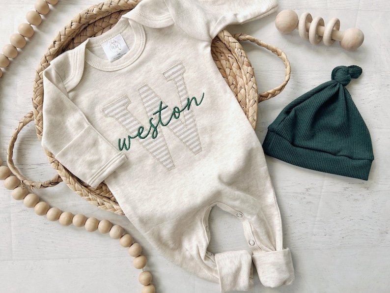 Personalized neutral baby romper and hat set, custom infant boy coming home outfit, baby shower gift, sleeper with footies Green Christmas image 2