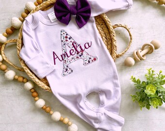 Personalized baby girl romper hat set, purple vintage floral infant coming home outfit, baby shower gift, sleeper with footies, custom name