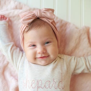 Personalized oatmeal and blush vintage stitch girl romper with bow or turban, custom girl coming home outfit, baby shower gift