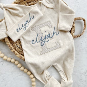Personalized neutral baby romper and hat set, custom infant boy coming home outfit, baby shower gift, oatmeal sleeper with footies image 3