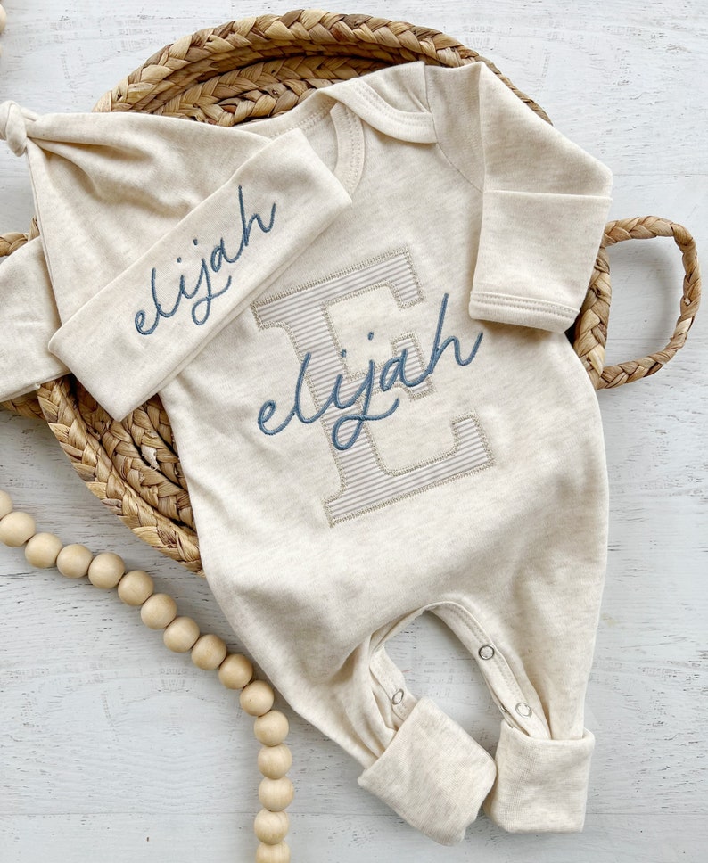 Personalized neutral baby romper and hat set, custom infant boy coming home outfit, baby shower gift, oatmeal sleeper with footies image 3