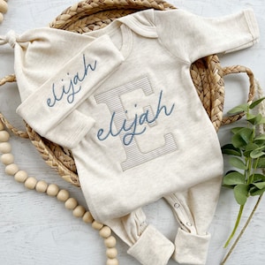 Personalized neutral baby romper and hat set, custom infant boy coming home outfit, baby shower gift, oatmeal sleeper with footies