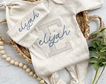 Personalized neutral baby romper and hat set, custom infant boy coming home outfit, baby shower gift, oatmeal sleeper with footies