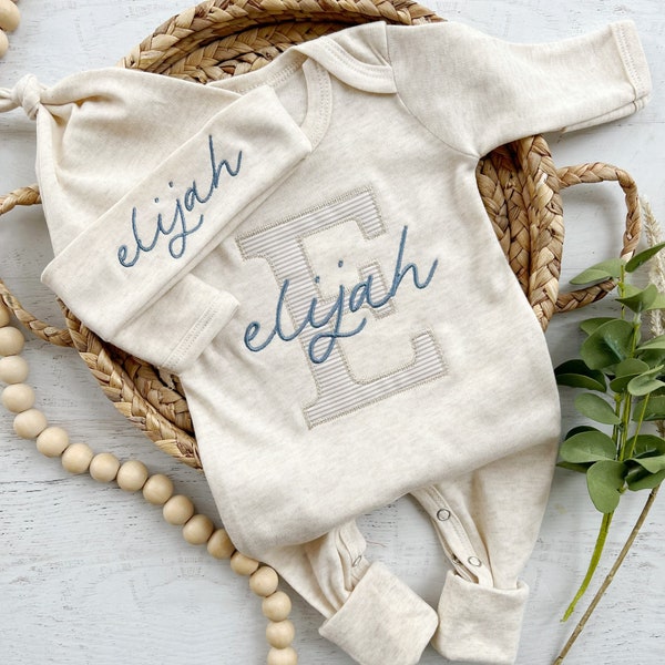 Personalized neutral baby romper and hat set, custom infant boy coming home outfit, baby shower gift, oatmeal sleeper with footies