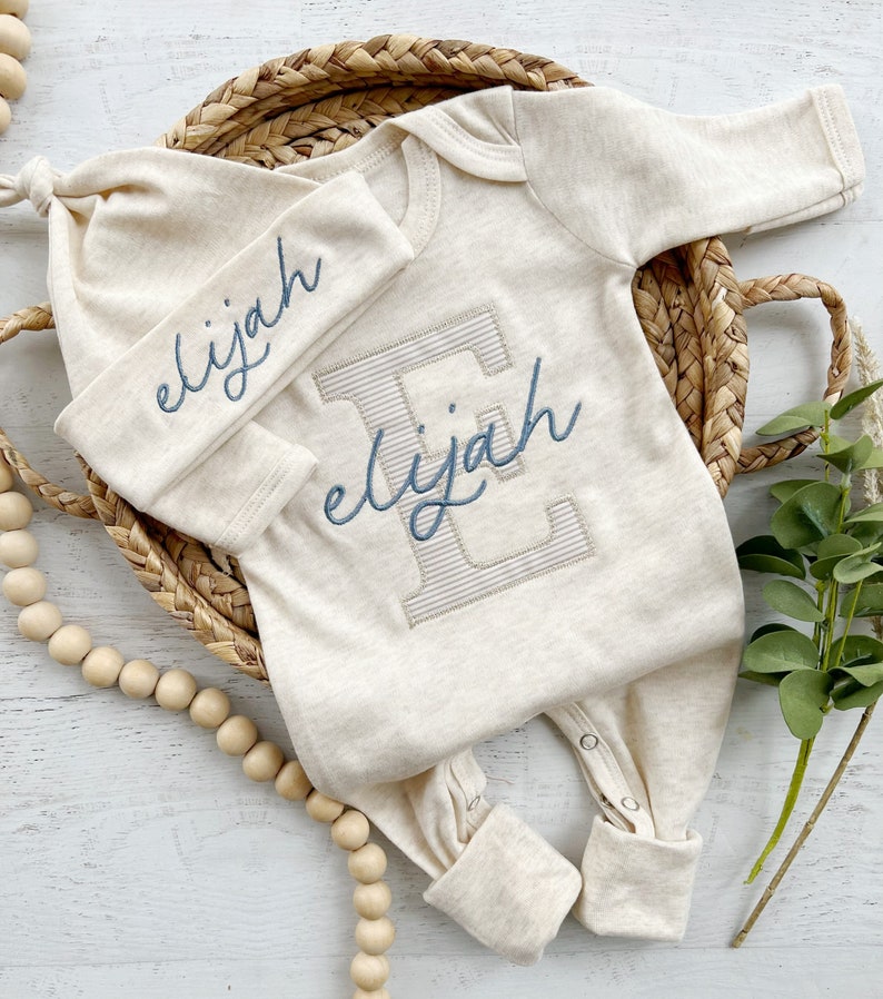 Personalized neutral baby romper and hat set, custom infant boy coming home outfit, baby shower gift, oatmeal sleeper with footies image 1