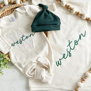 Personalized neutral baby romper and hat set, custom infant boy coming home outfit, baby shower gift, sleeper with footies Green Christmas image 5