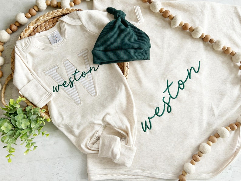 Personalized neutral baby romper and hat set, custom infant boy coming home outfit, baby shower gift, sleeper with footies Green Christmas image 5