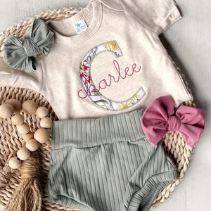 Vintage floral baby girl outfit with bummies, cottagecore baby girl outfit, personalized baby outfit with bows, sage, dusty rose image 1