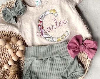 Vintage floral baby girl outfit with bummies, cottagecore baby girl outfit, personalized baby outfit with bows, sage, dusty rose
