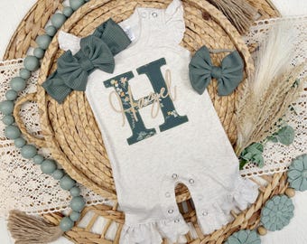 Sage floral ruffle romper, newborn baby girl outfit, summer girl outfit