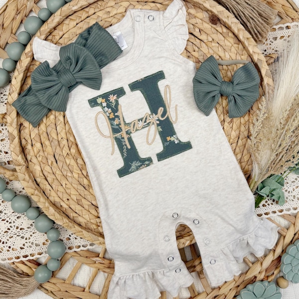 Sage floral ruffle romper, newborn baby girl outfit, summer girl outfit