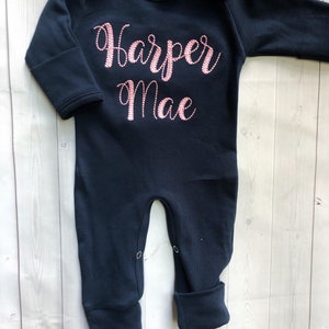 Personalized vintage stitch girl romper with bow, custom girl coming home outfit, baby shower gift, navy and pink sleeper with footies image 2