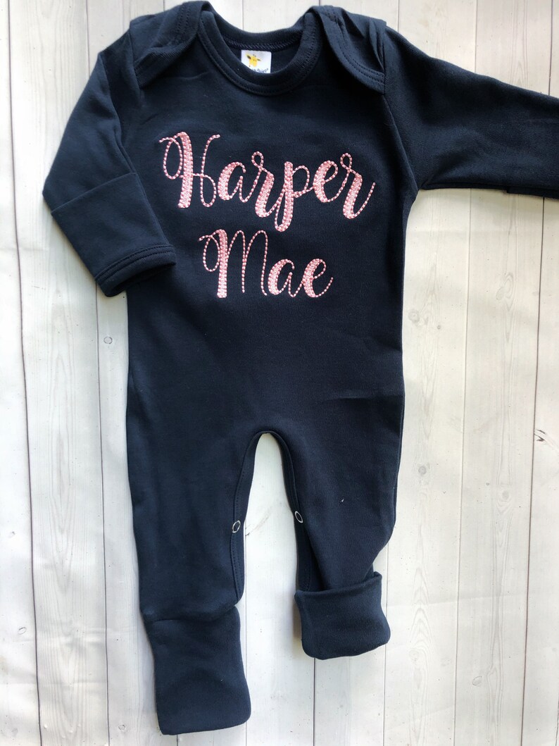 Personalized vintage stitch girl romper with bow, custom girl coming home outfit, baby shower gift, navy and pink sleeper with footies image 2