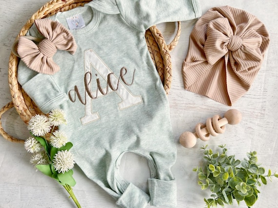 Personalized Baby Girl Romper and Hat Set Vintage Floral Infant Coming Home Outfit Baby Shower Gift Sleeper With Footies Custom Name Sage Etsy Canada