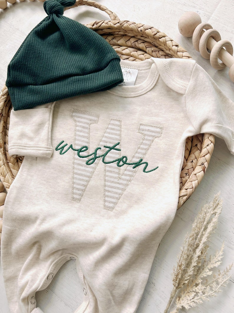 Personalized neutral baby romper and hat set, custom infant boy coming home outfit, baby shower gift, sleeper with footies Green Christmas image 3