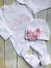Personalized pink vintage stitch girl romper with bow, custom girl coming home outfit, baby shower gift, pink and white sleeper with footies 