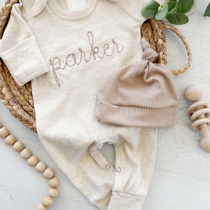 Personalized oatmeal and taupe vintage stitch romper with bow or hat, custom gender neutral coming home outfit, baby shower gift image 2