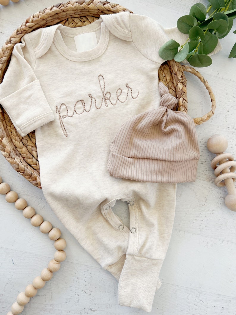 Personalized oatmeal and taupe vintage stitch romper with bow or hat, custom gender neutral coming home outfit, baby shower gift image 2
